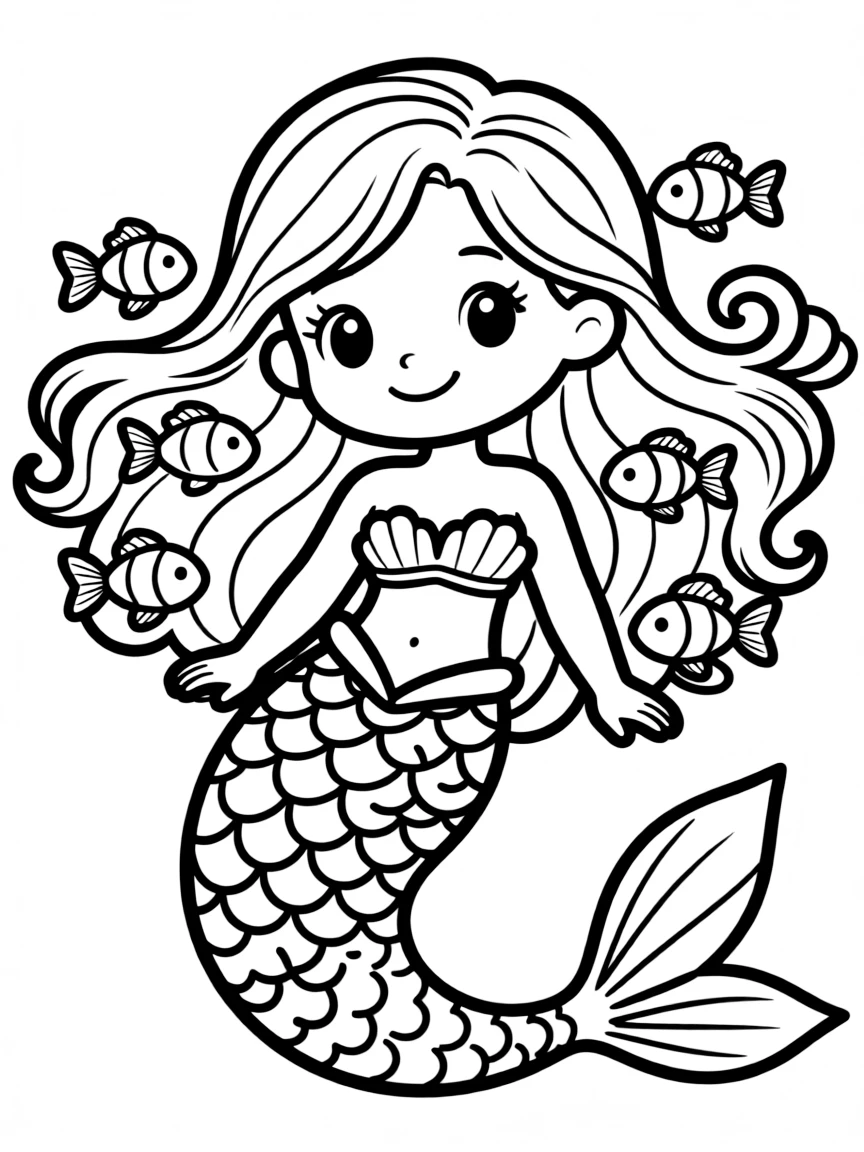 A mermaid with fish swimming through her flowing hair