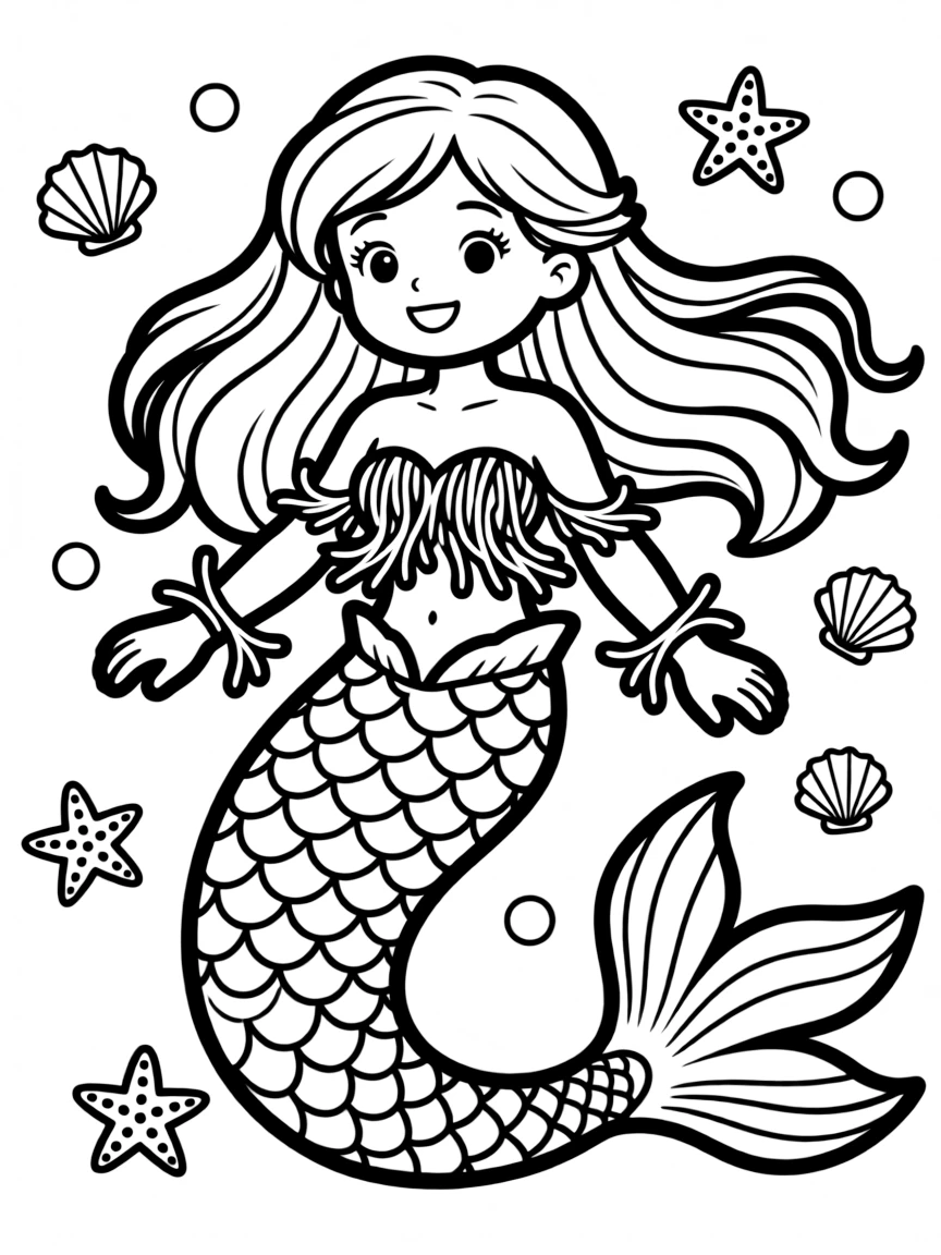 A mermaid with seaweed clothing and decorations