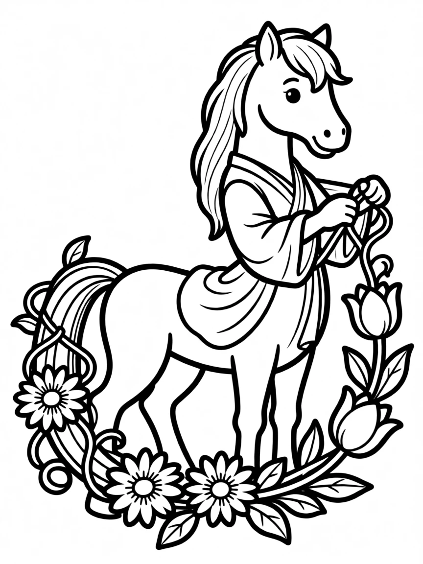 A centaur weaving flowers and vines into its tail