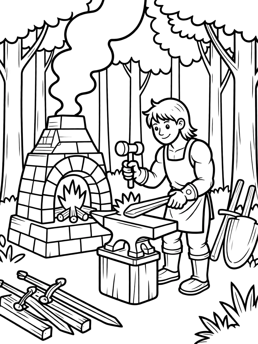 A centaur smith forging weapons near a forest forge