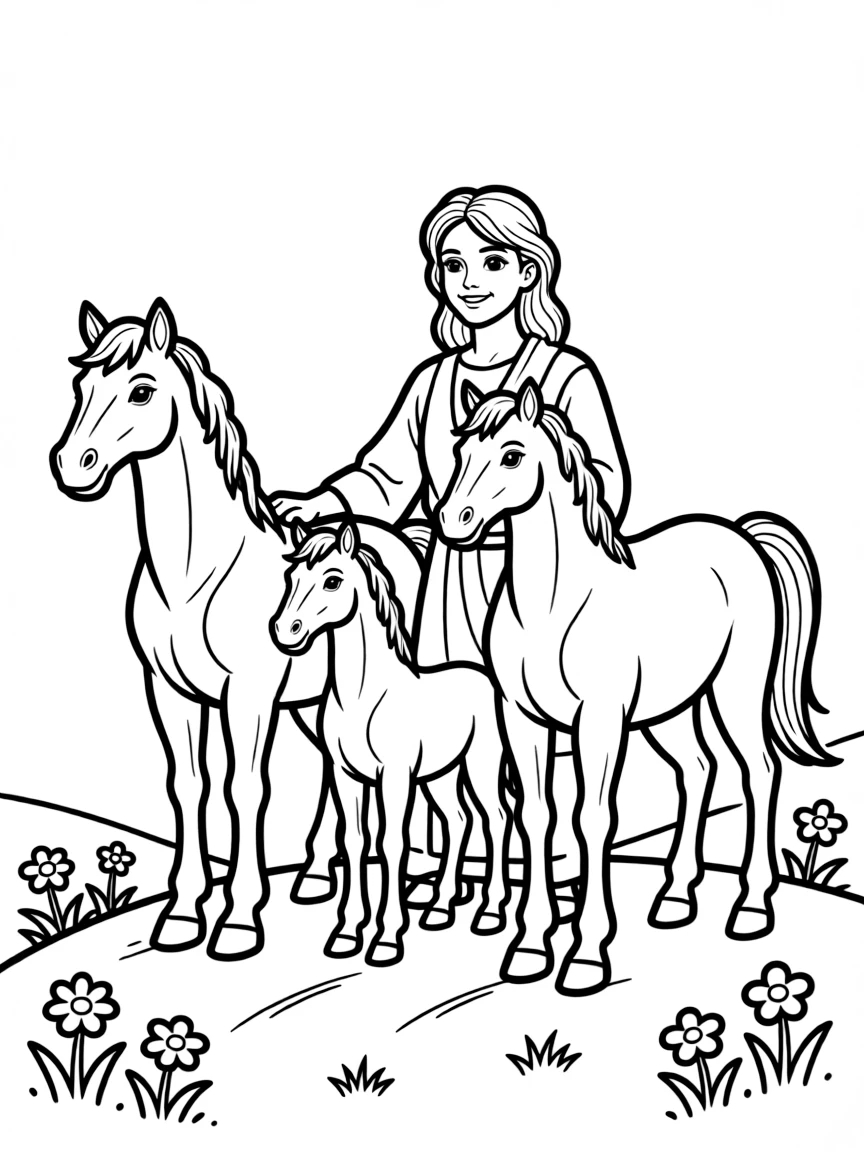 A family of centaurs - adults and foals - on a hillside