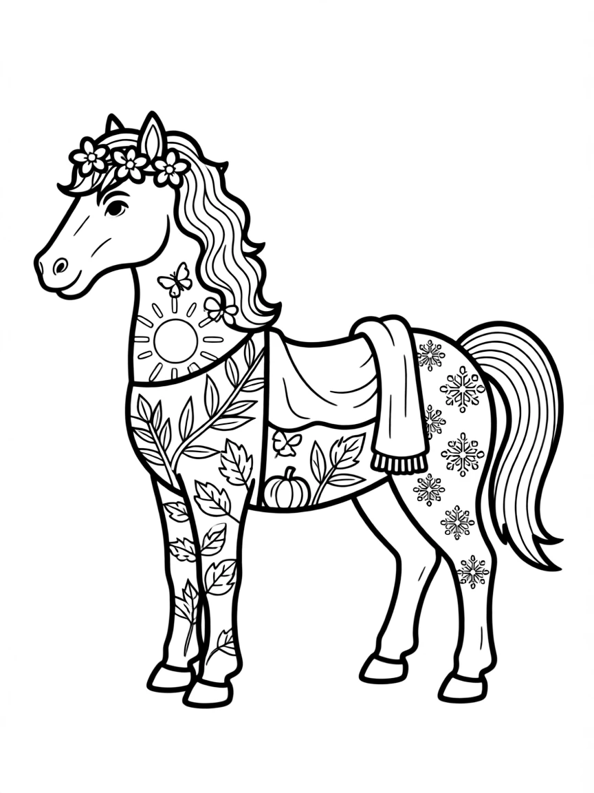 A centaur with seasonal decorations reflecting spring/summer/fall/winter