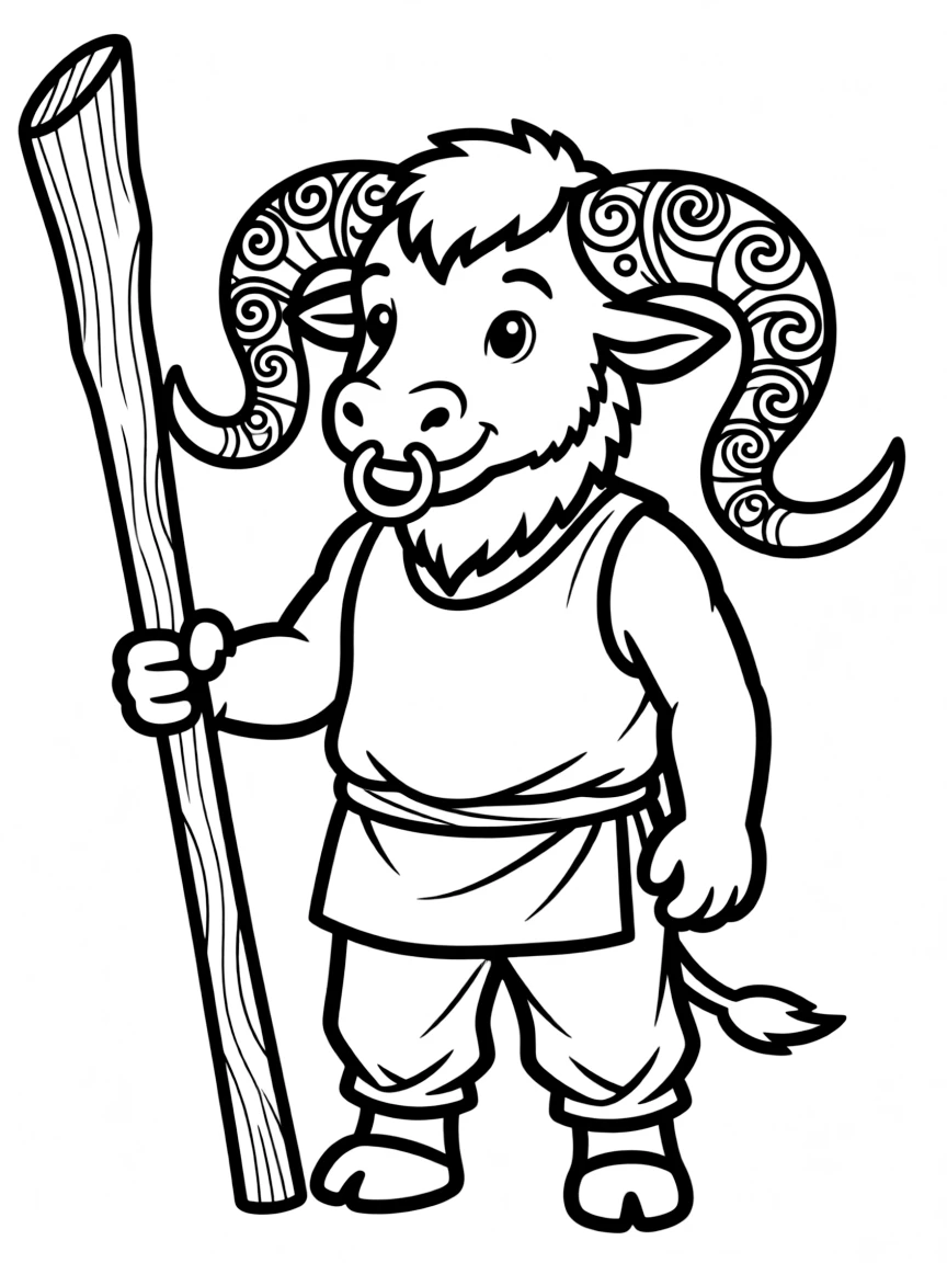A minotaur with intricate horn carvings and nose ring