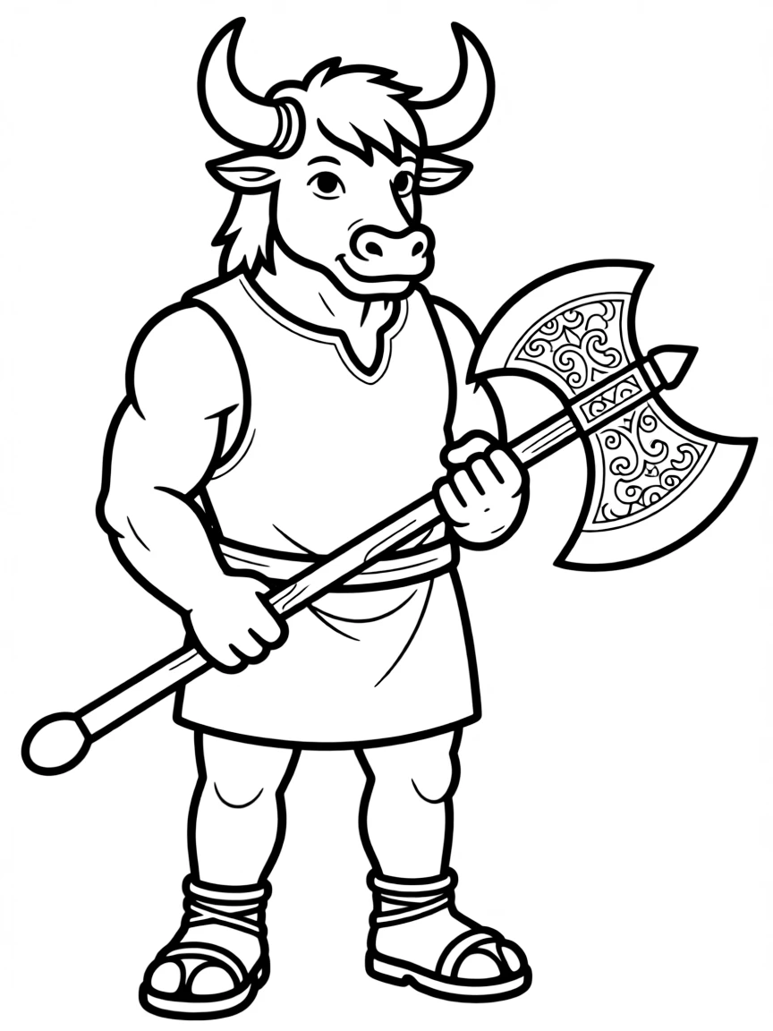 A minotaur wielding a double-bladed axe with detailed engravings