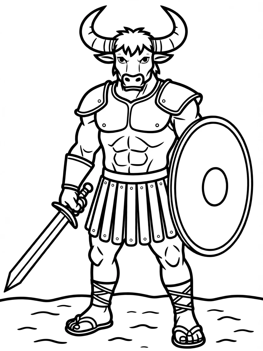 A minotaur in gladiator-style armor ready for arena combat