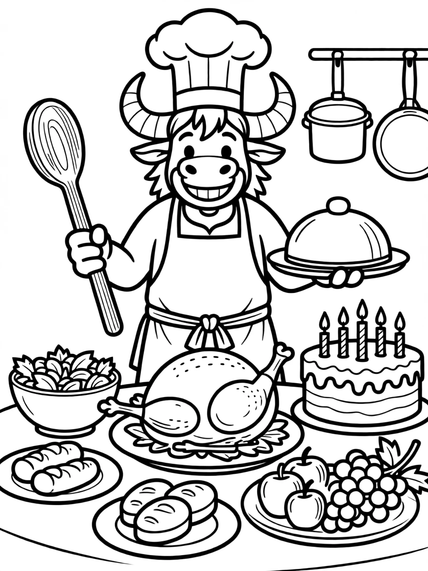 A minotaur chef preparing an elaborate feast