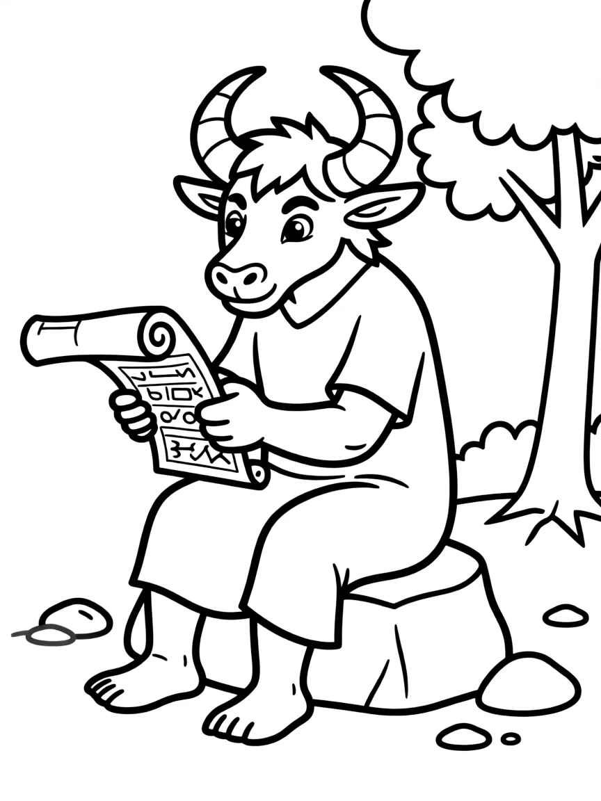 A minotaur sitting thoughtfully, reading an ancient scroll