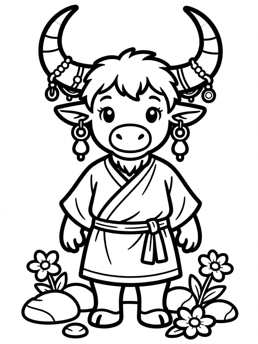 A minotaur with jewelry hanging from its horns and ears