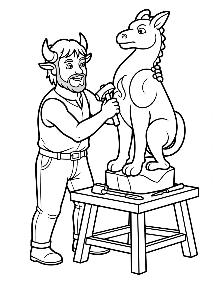 A minotaur stone carver working on a statue
