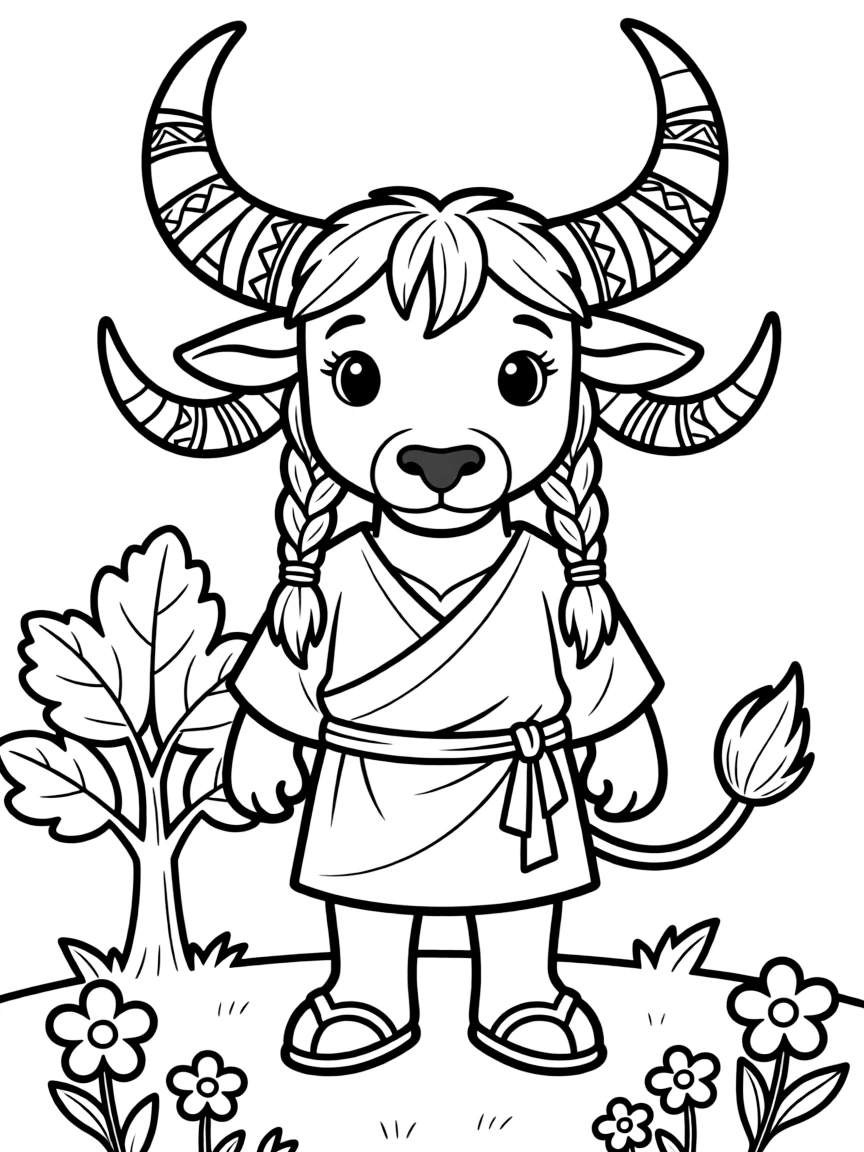 A minotaur with braided fur and decorated horns
