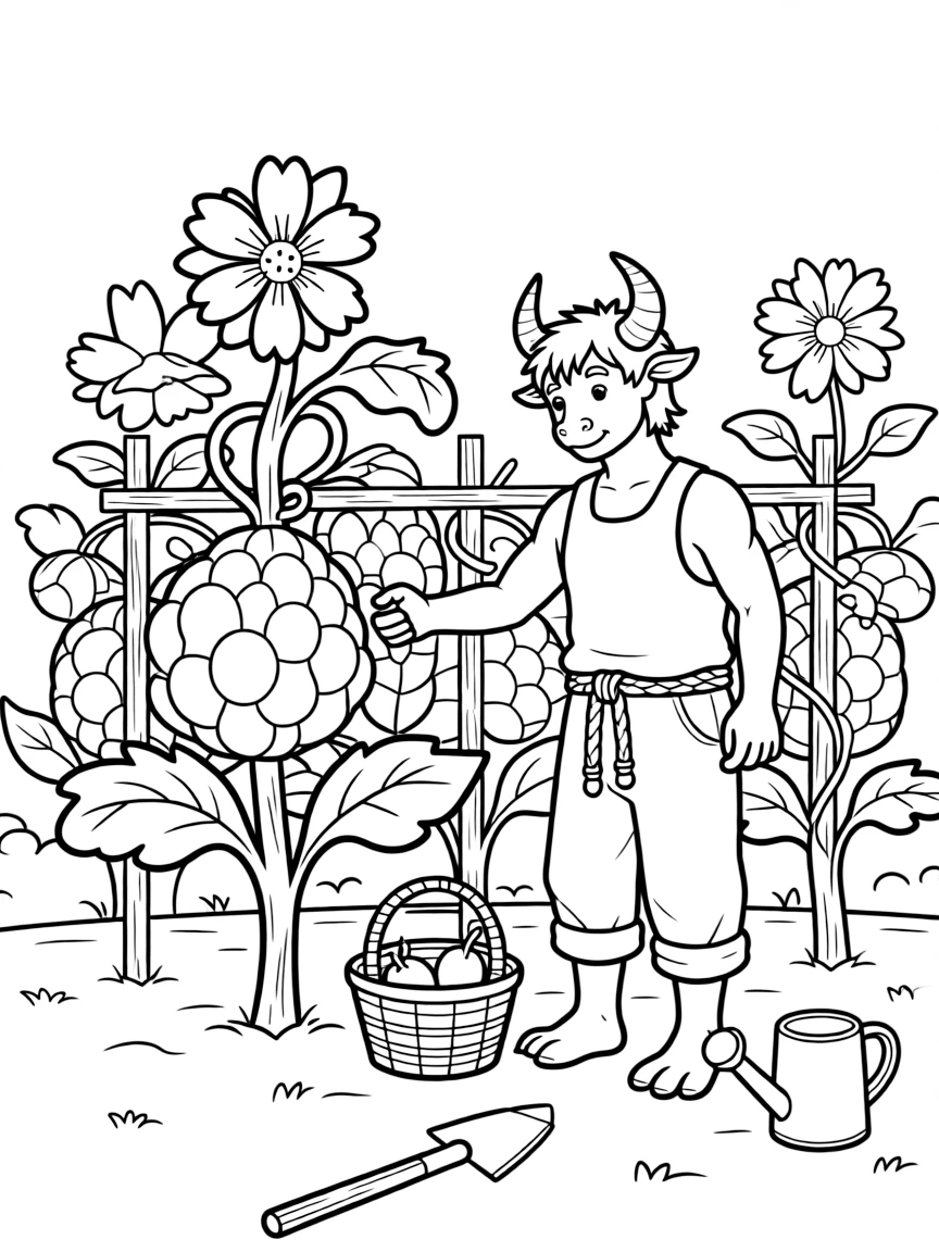 A minotaur farmer tending to unusual crops
