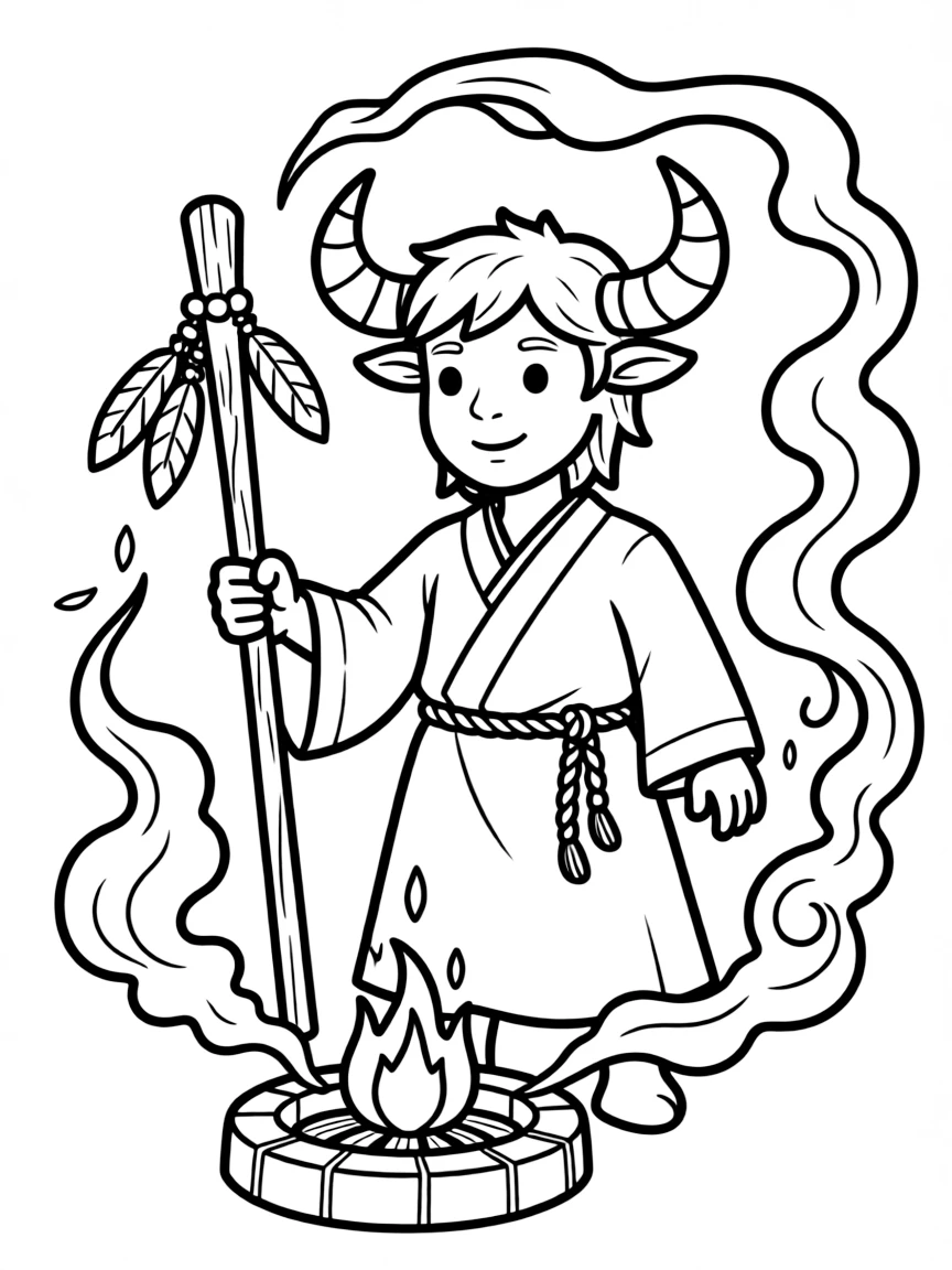 A minotaur shaman performing a ritual with smoke and fire