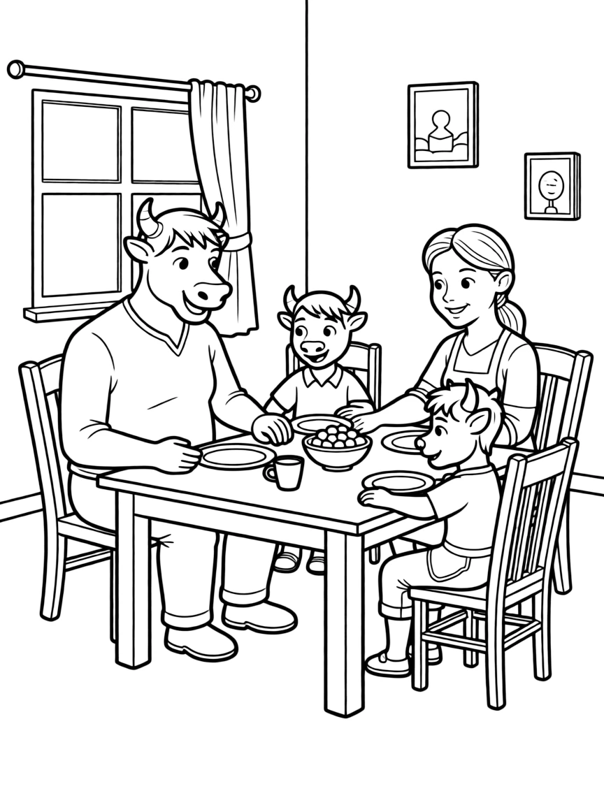 A minotaur family sharing a meal in their home