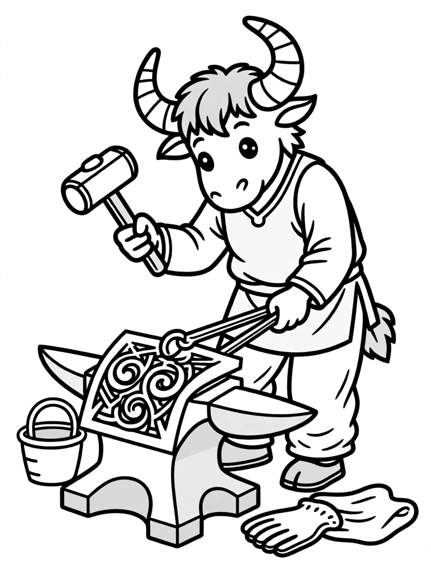 A minotaur creating intricate metalwork at an anvil