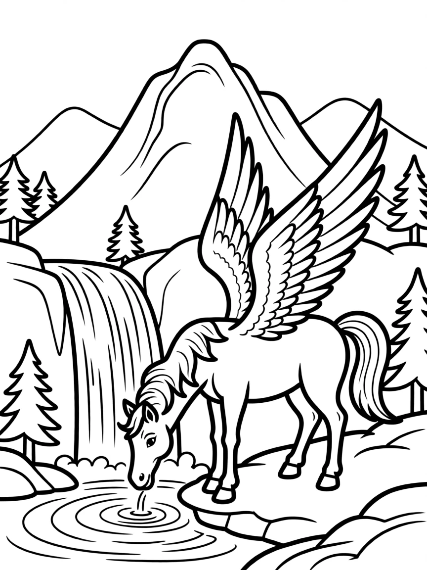 A pegasus drinking from a waterfall on a mountain peak