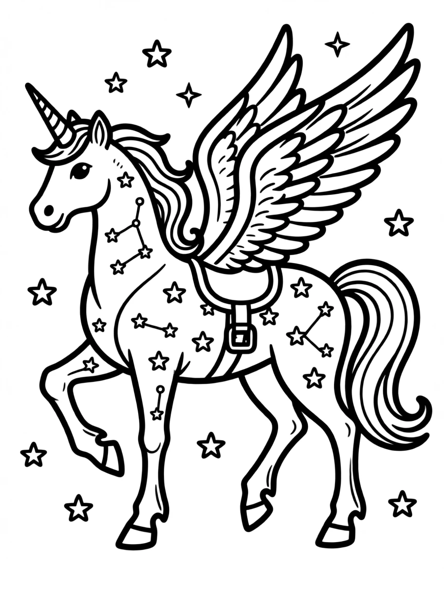 A pegasus with stars and constellations marked in its coat