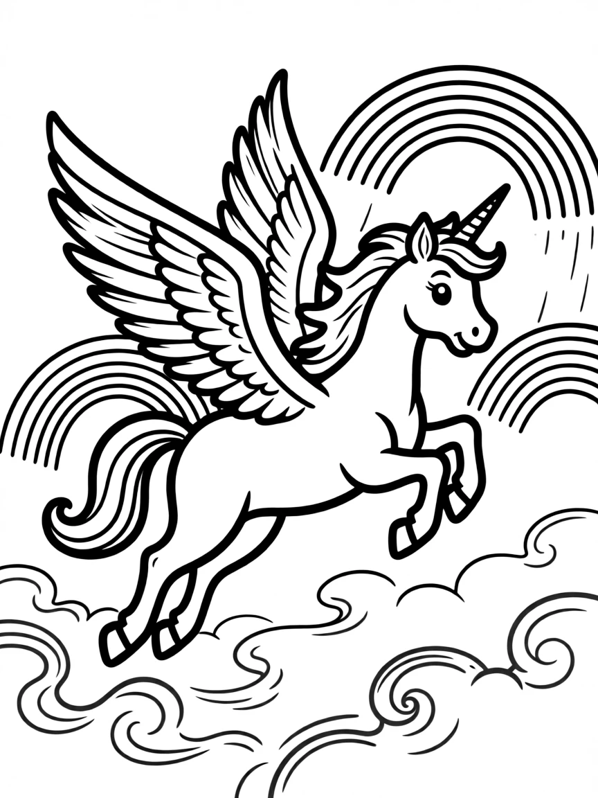 A pegasus creating rainbows as it flies through mist