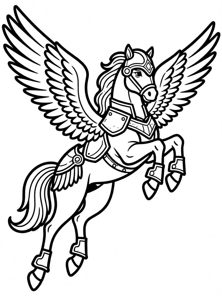 A pegasus with armor designed for aerial combat