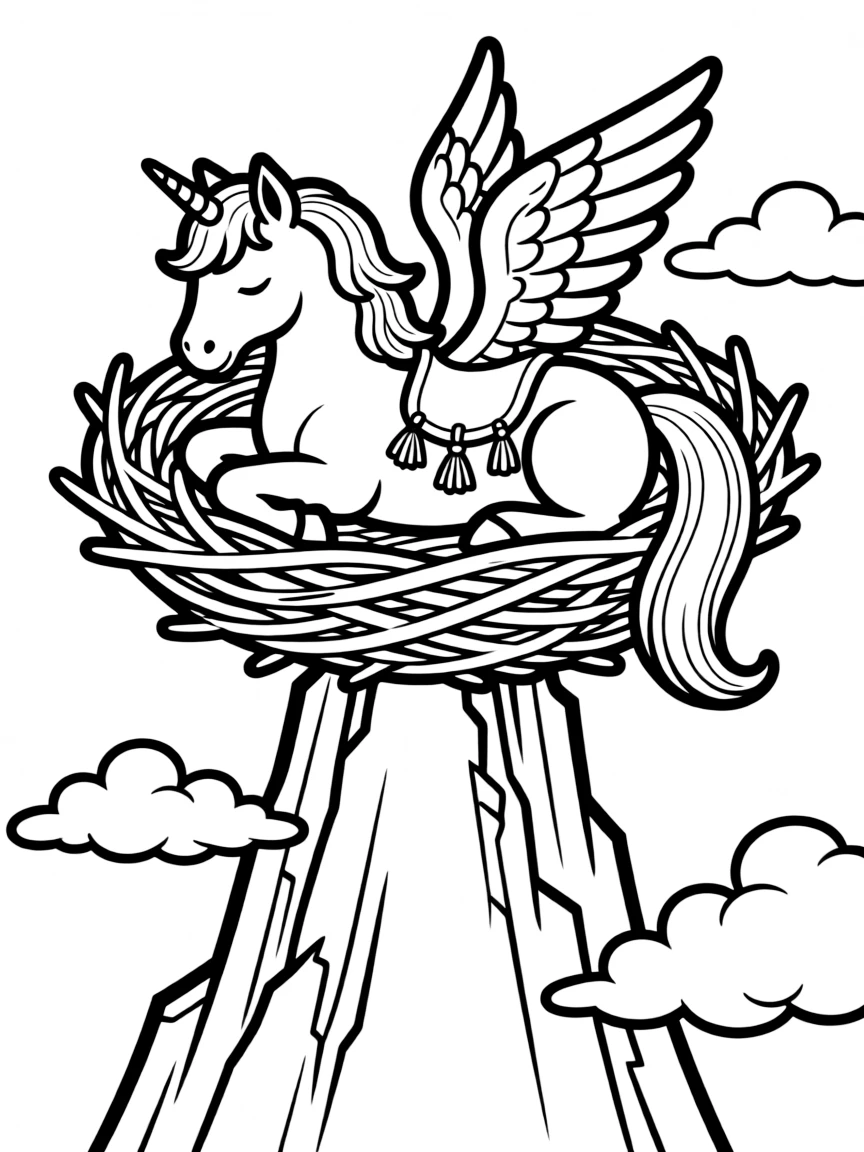 A pegasus resting in a nest atop an impossible mountain