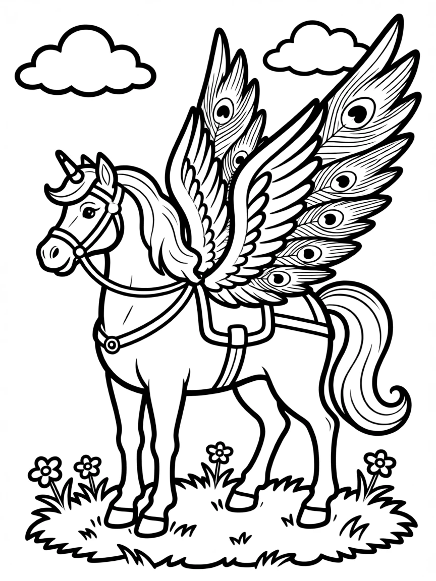 A pegasus whose wings have eye-like patterns like a peacock