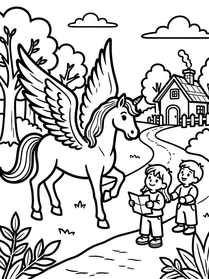 A pegasus helping lost children find their way home