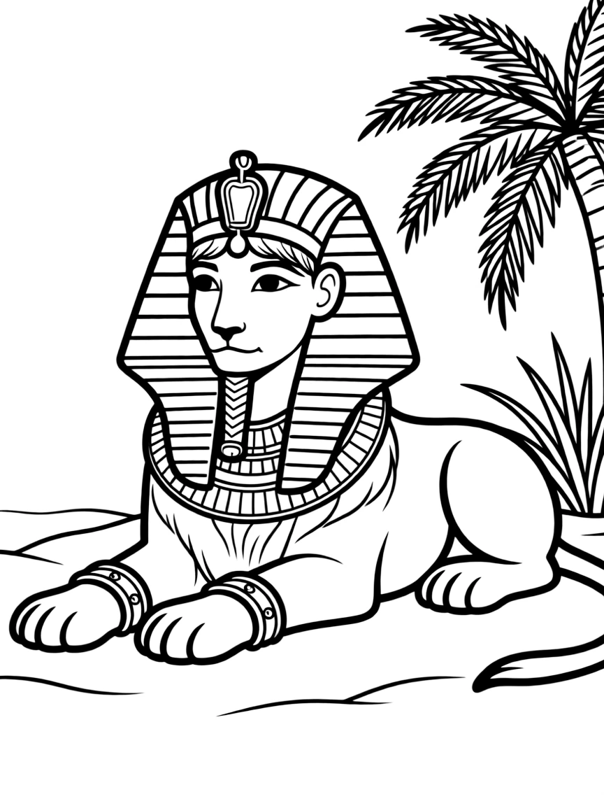 A sphinx with elaborate Egyptian headdress and jewelry