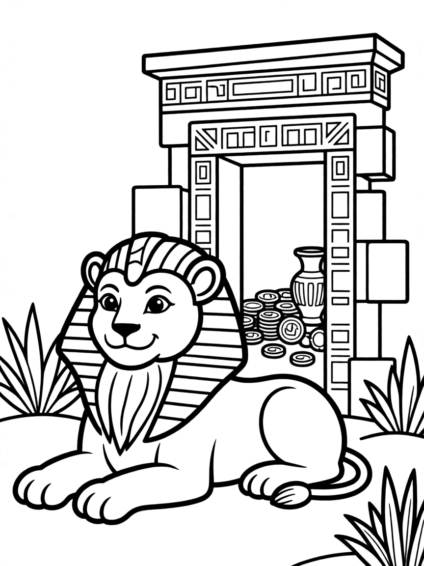 A sphinx guarding a doorway to a temple filled with treasures