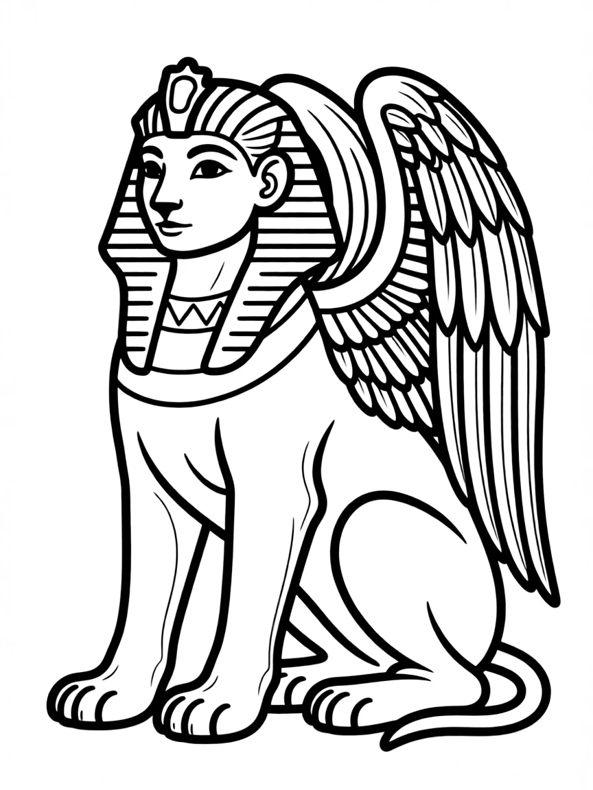 A sphinx with wings folded against its sides in a formal pose