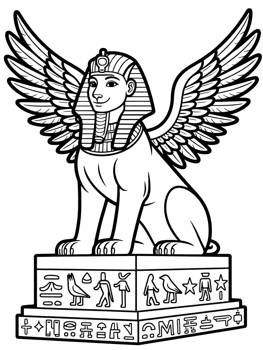 A sphinx with symbols and hieroglyphs carved into its stone base