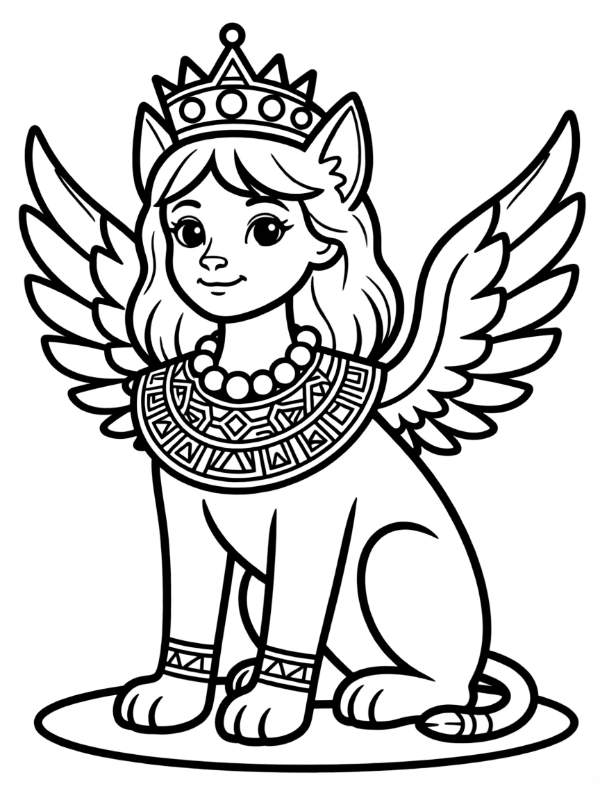 A female sphinx with an ornate crown and ceremonial collar