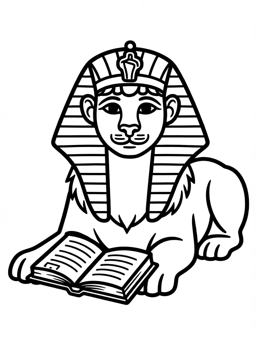 A sphinx with a book of riddles open before its paws