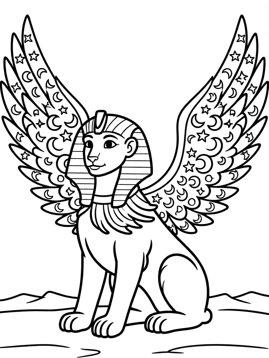 A sphinx with the moon and stars depicted on its wings