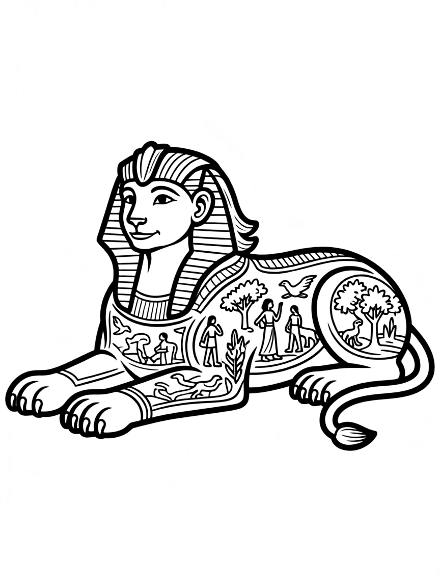 A sphinx whose body tells a story through carved reliefs