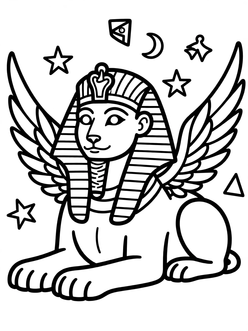 A sphinx with glowing eyes and mystical symbols around it