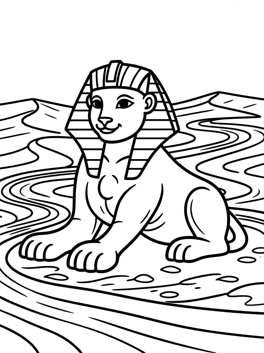 A sphinx surrounded by shifting sands forming patterns