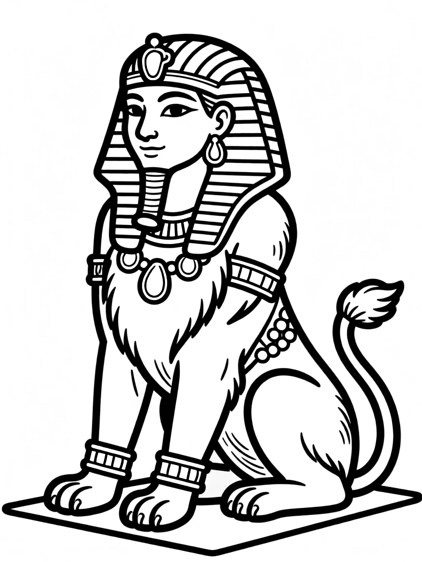 A sphinx with jewelry and gold accents on its human parts