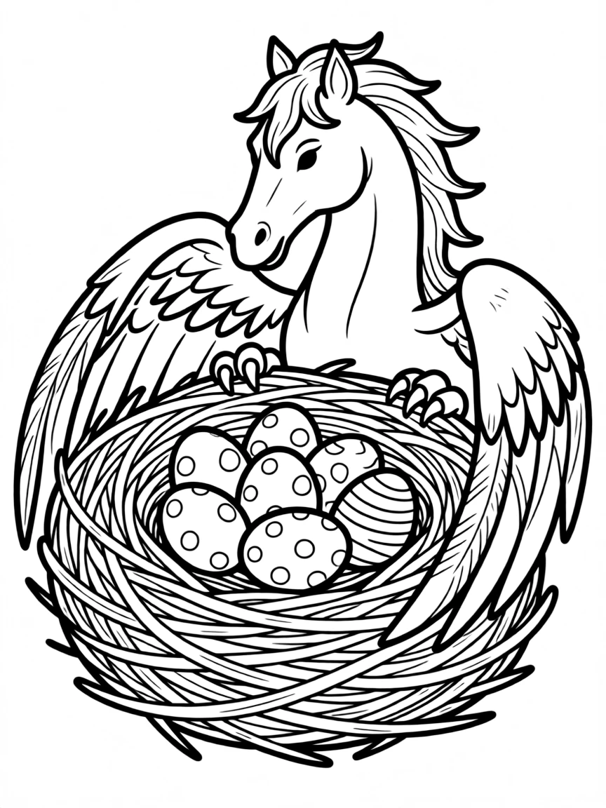 A hippogriff nest with eggs showing both feather and horse patterns