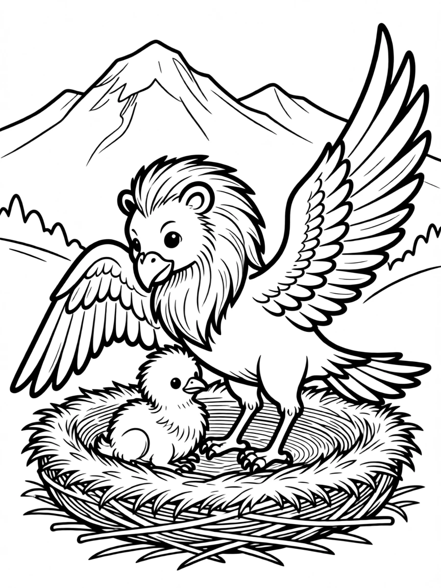 A hippogriff caring for its young in a mountain nest