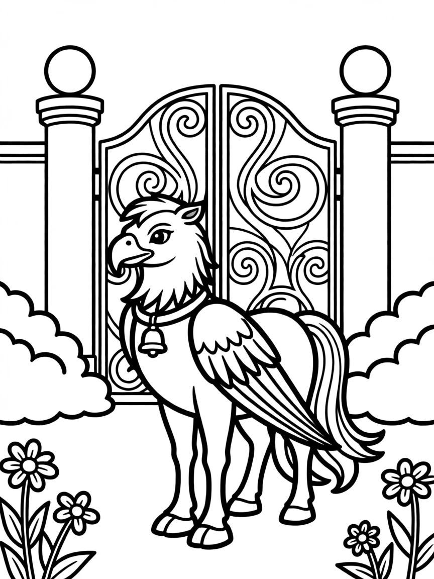A hippogriff standing guard at a magical school entrance