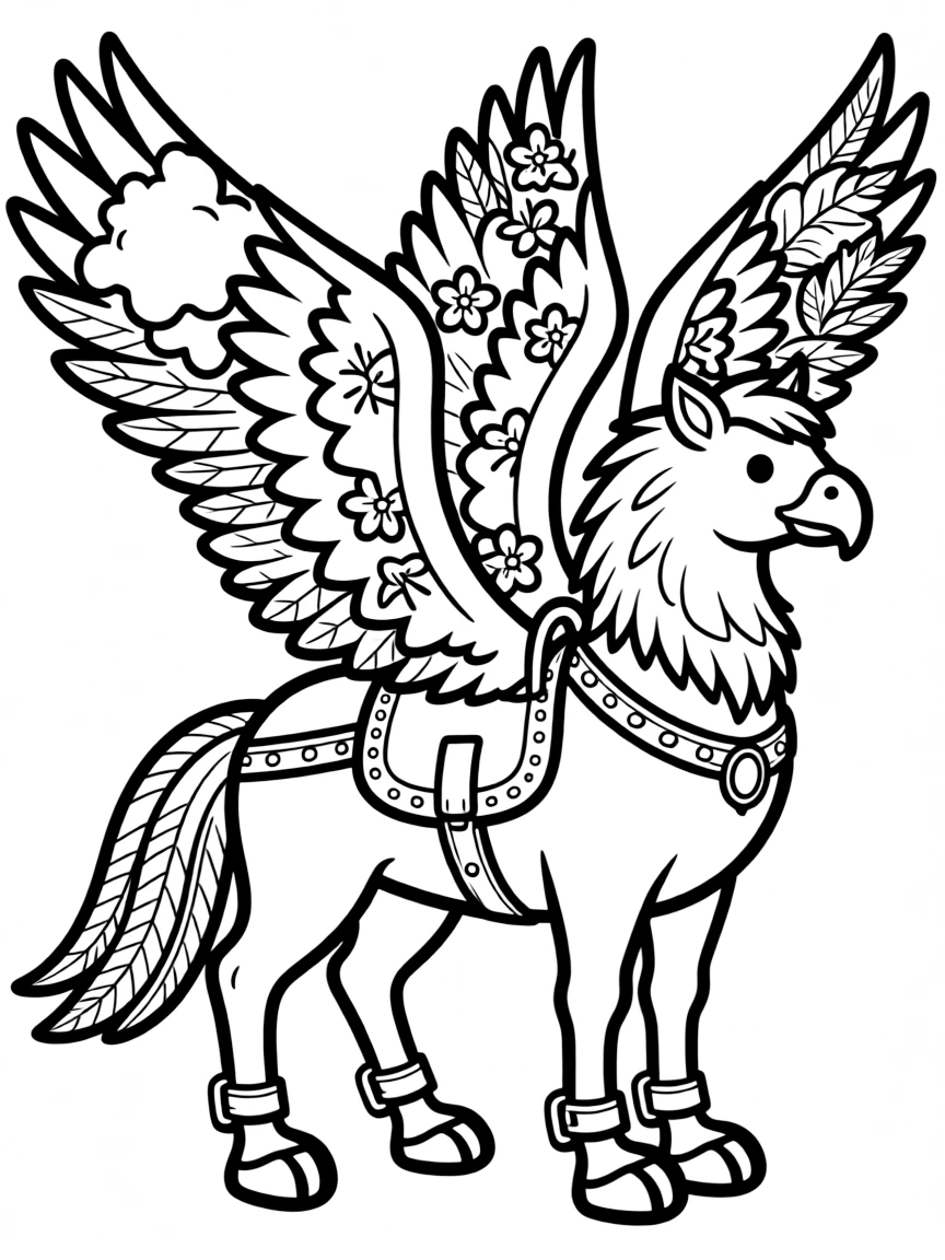 A hippogriff with different seasonal coloring on feathers and fur
