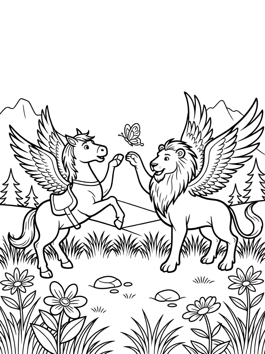 A hippogriff playing with a griffin in a mountain meadow