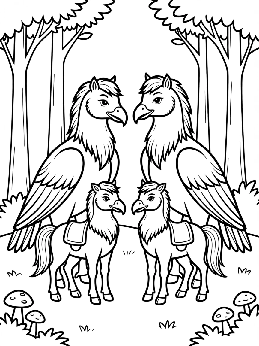 A hippogriff family - parents and young - in their forest territory