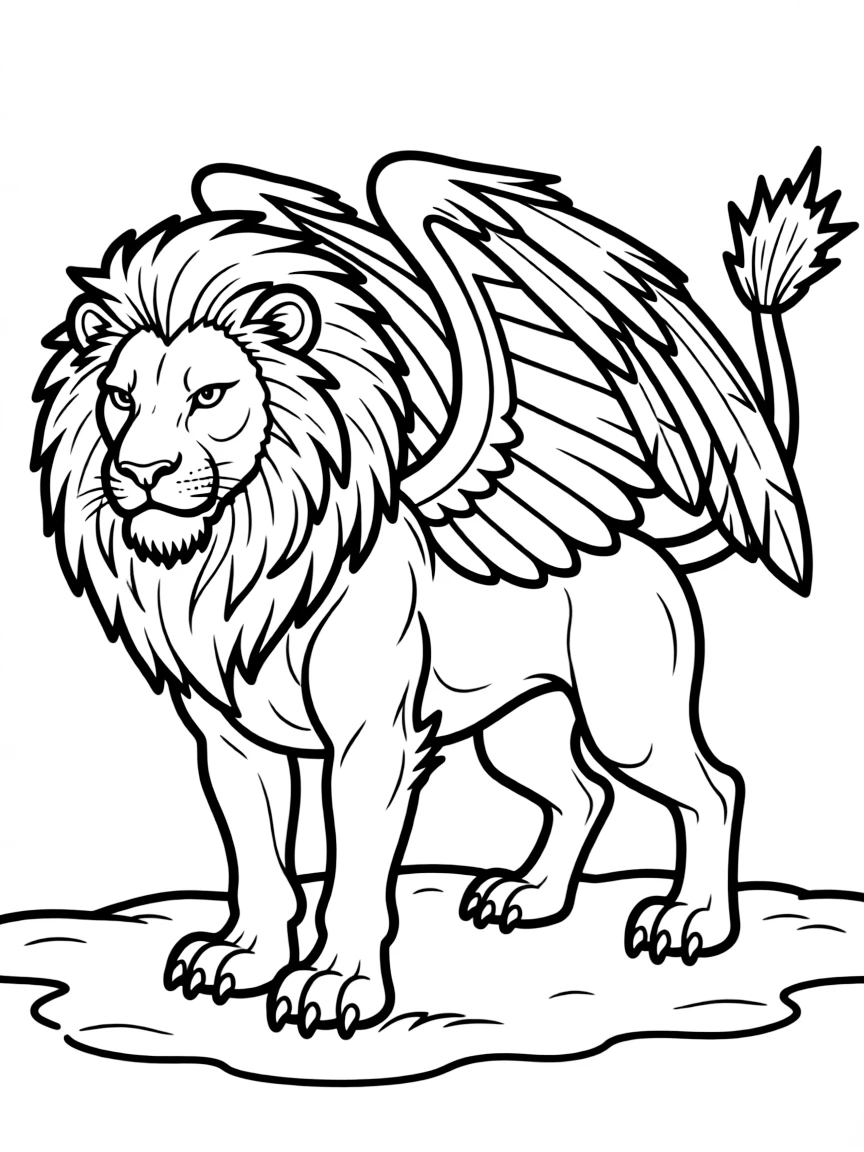 A manticore with a lion's body in powerful hunting stance
