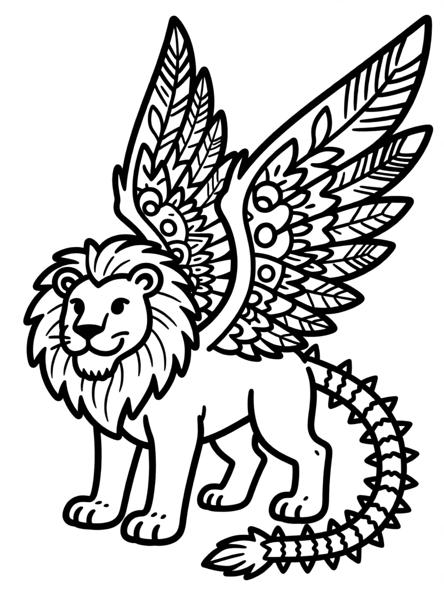 A manticore with wings spread wide showing detailed patterns