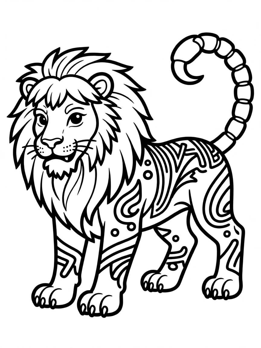 A manticore with tribal scarification and marking on its lion body