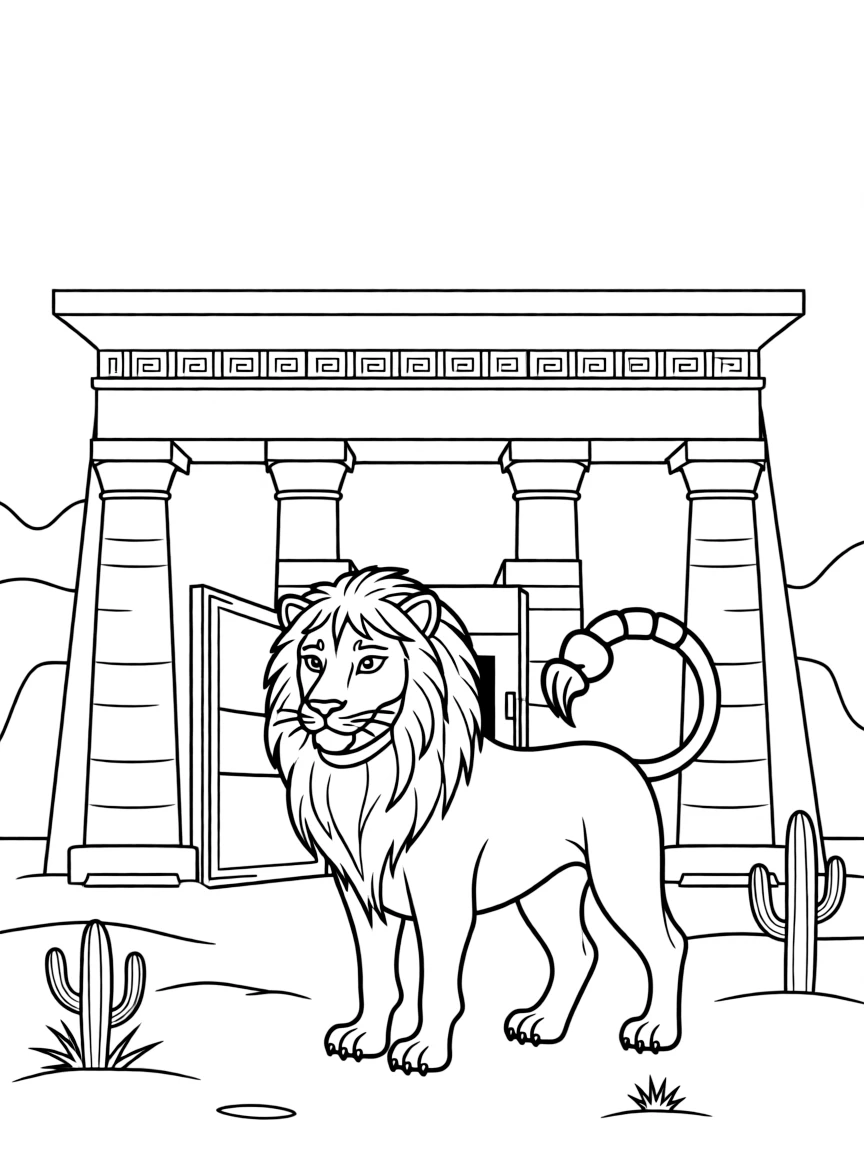 A manticore guarding a desert temple entrance