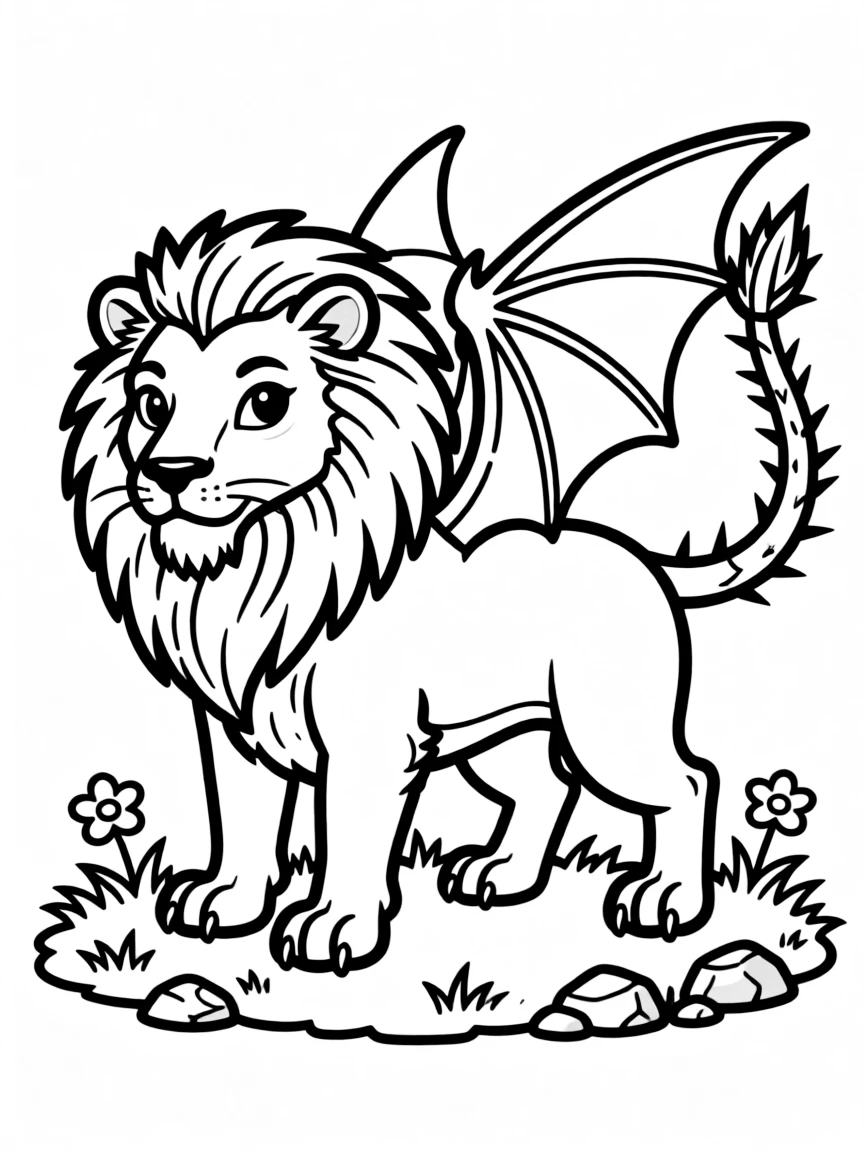 A manticore with human-like eyes full of intelligence