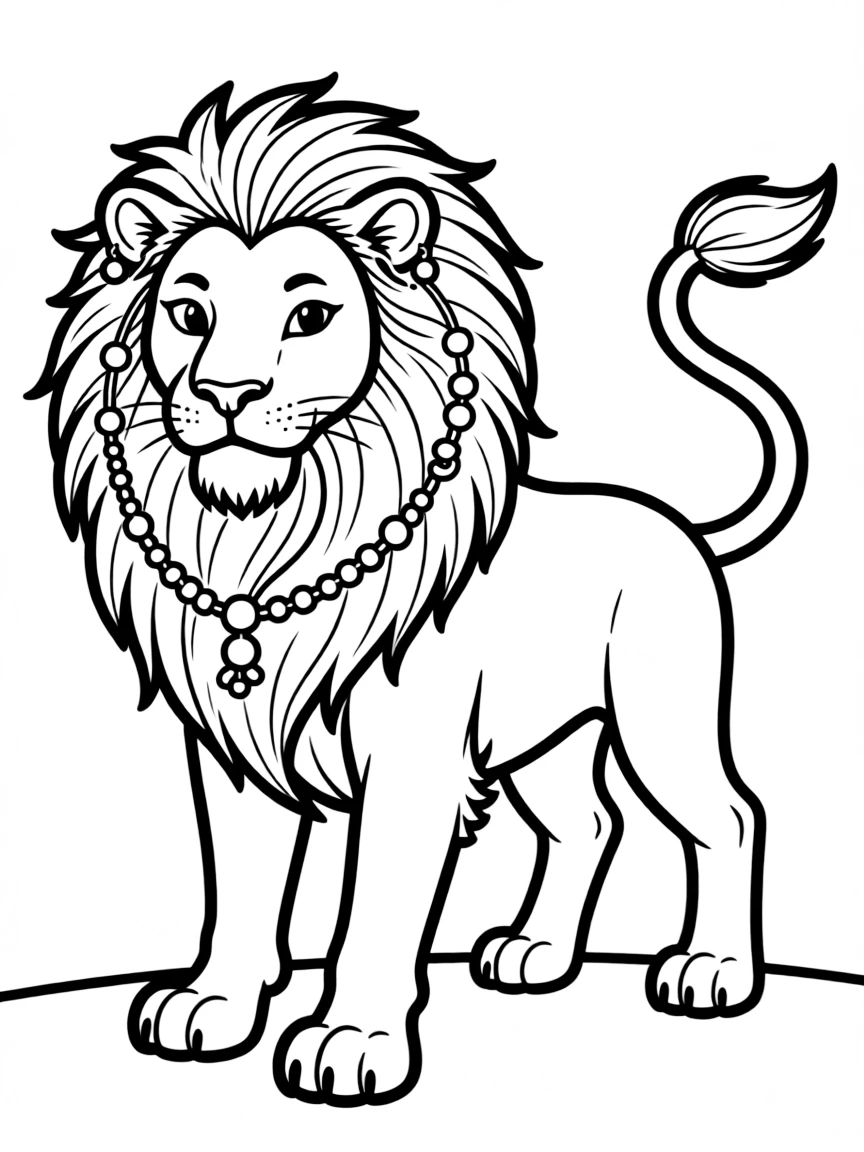 A manticore with jewelry pierced through its mane and ears