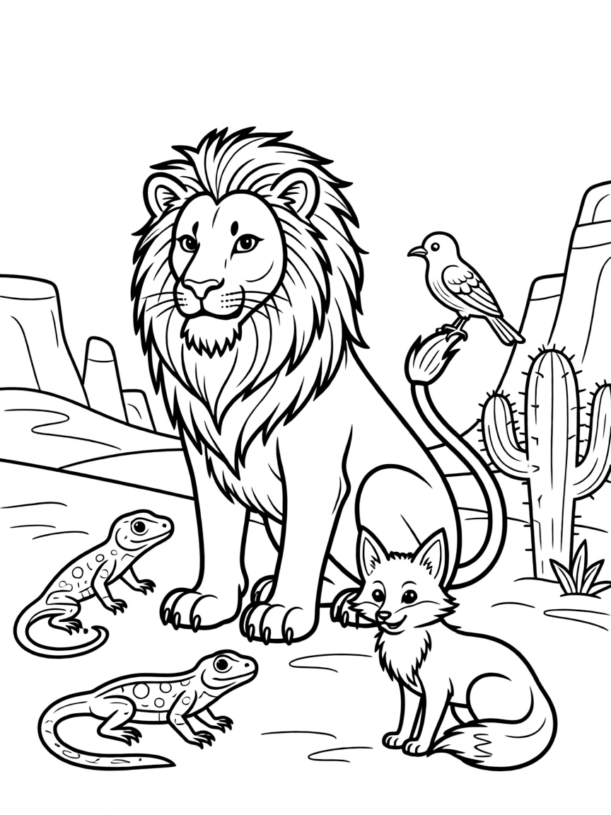 A manticore surrounded by desert animals that serve it