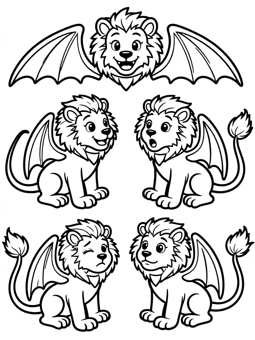 A manticore whose face shows multiple emotions in different angles